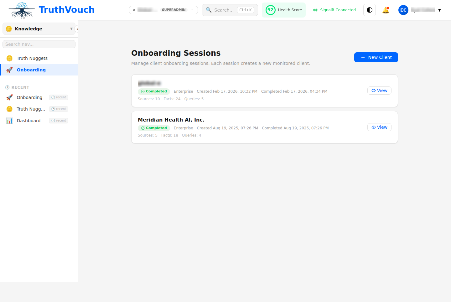 Onboarding wizard interface guiding through fact discovery