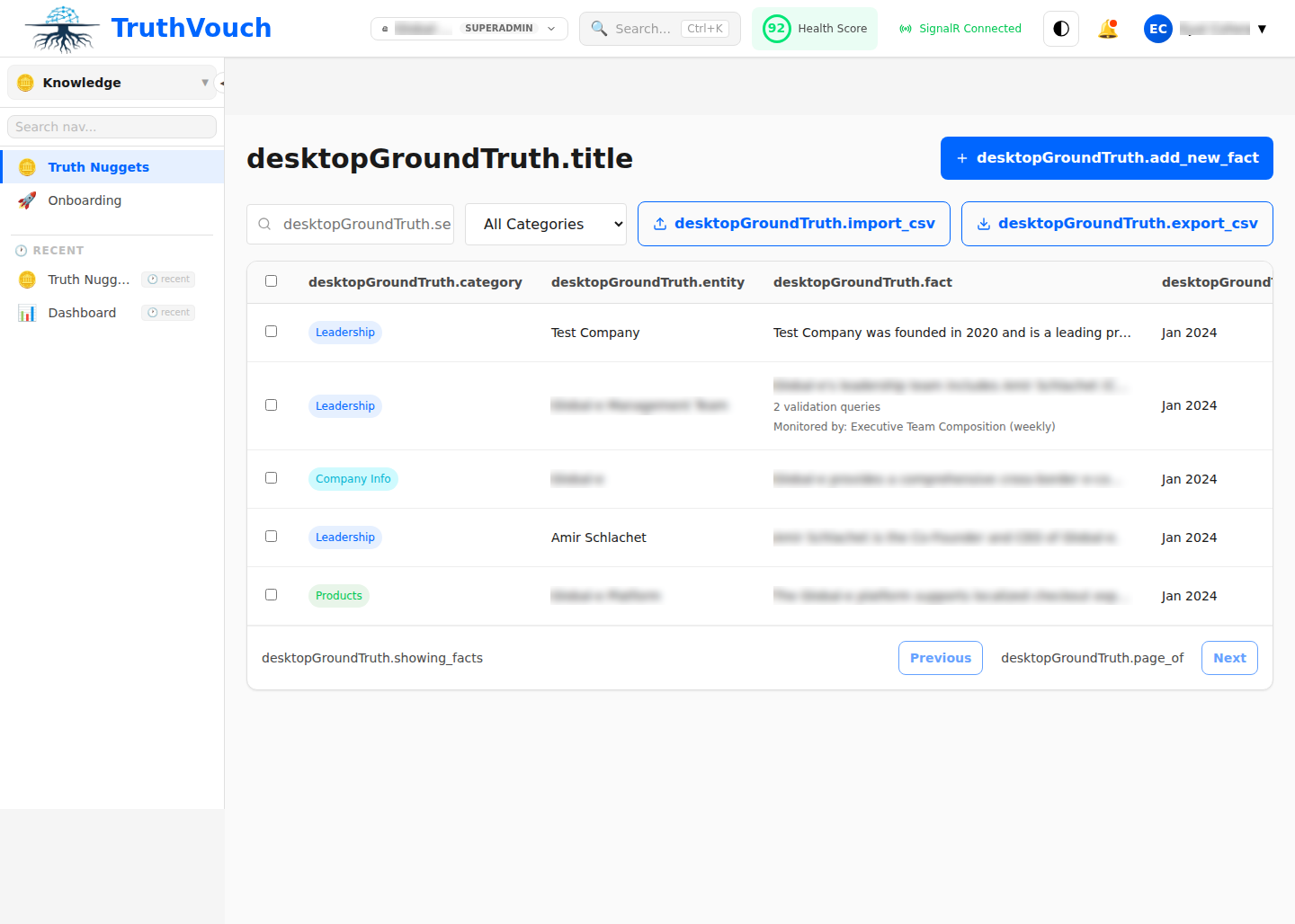 Truth Nuggets dashboard showing knowledge base facts and categories