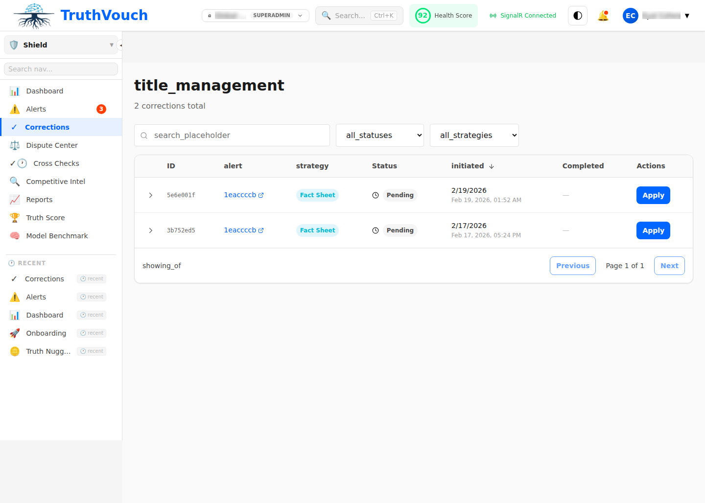 Correction history showing deployed fixes and verification status