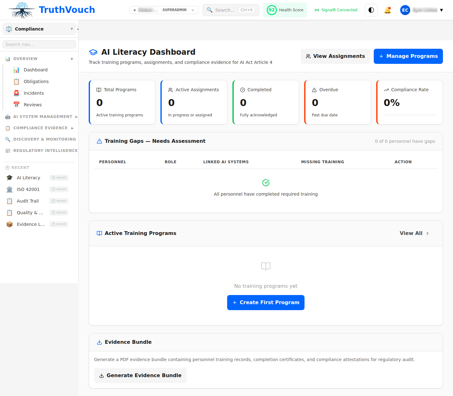 AI literacy training dashboard with completion tracking