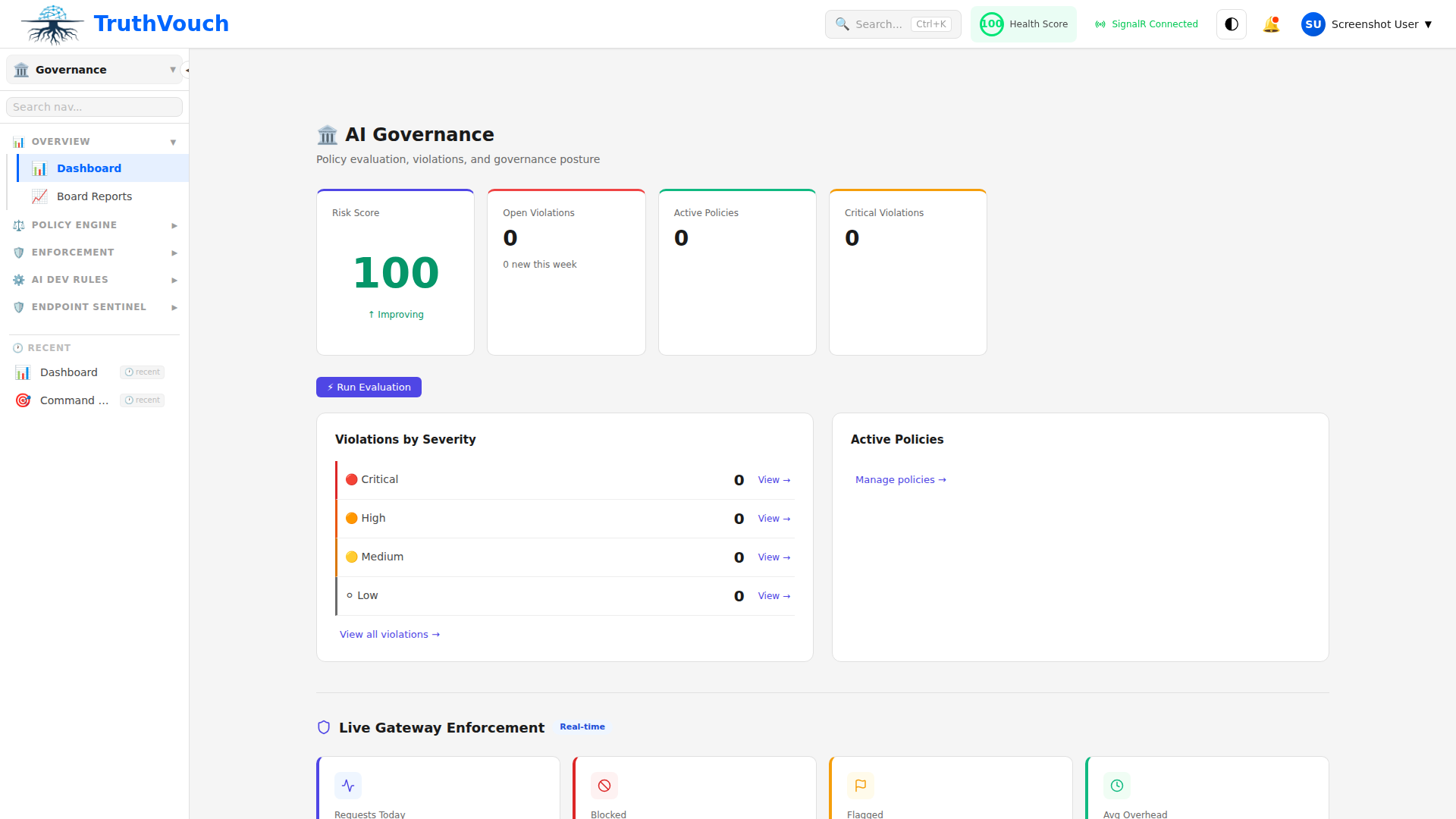 AI governance dashboard with policy controls and audit trail