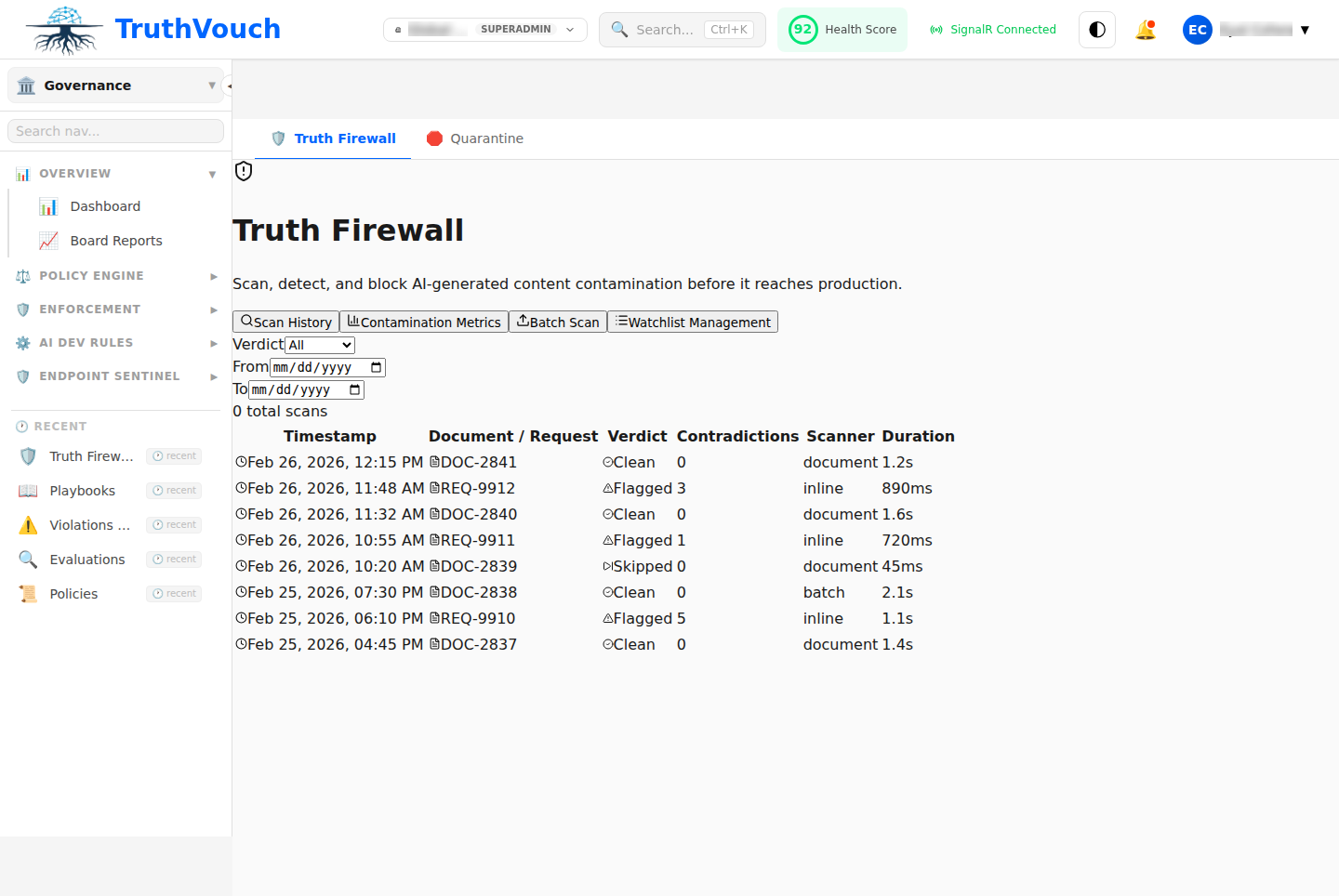 Truth Firewall protecting LLM integrations with automated scanning