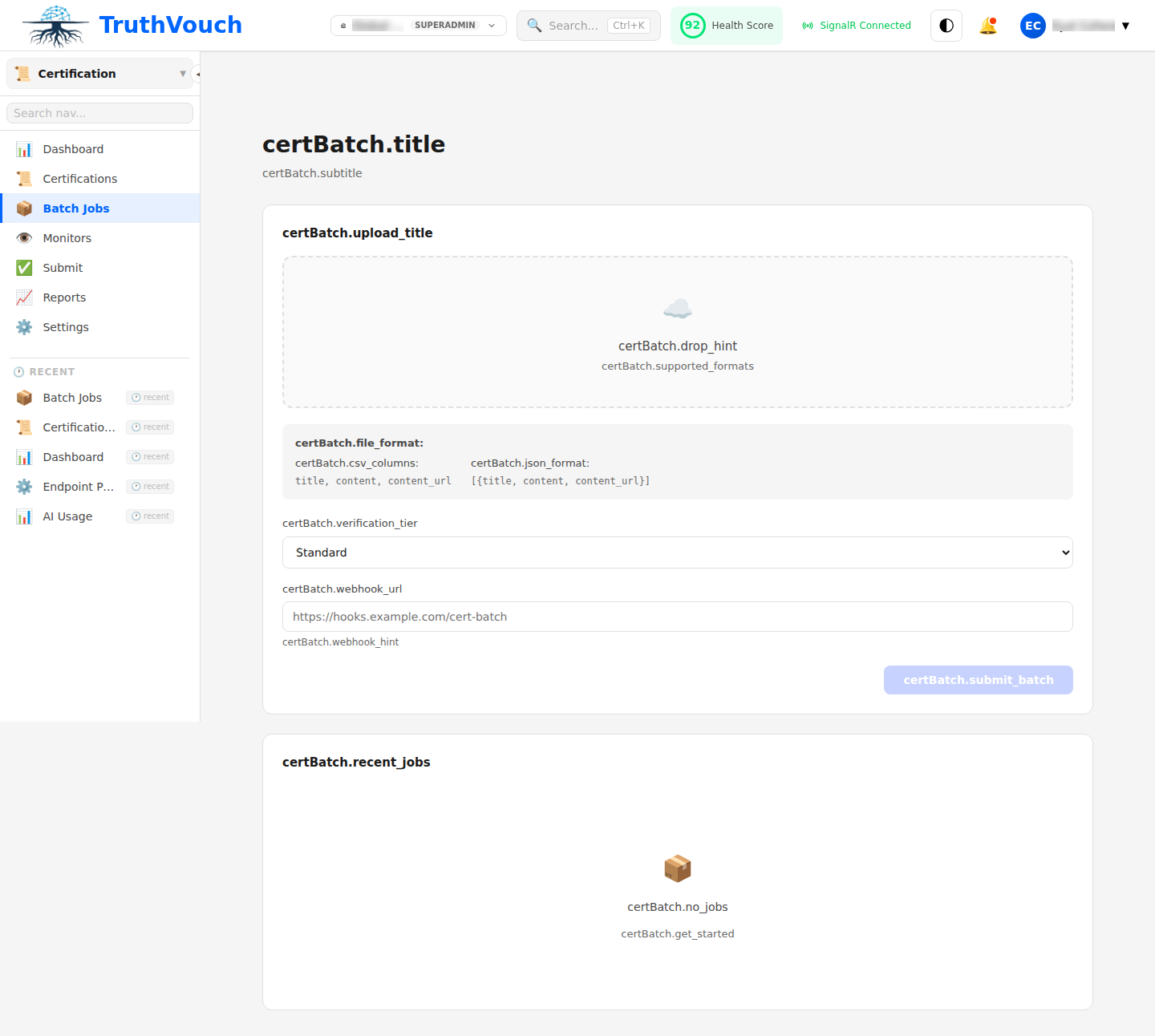Batch job processing interface showing multiple documents being certified